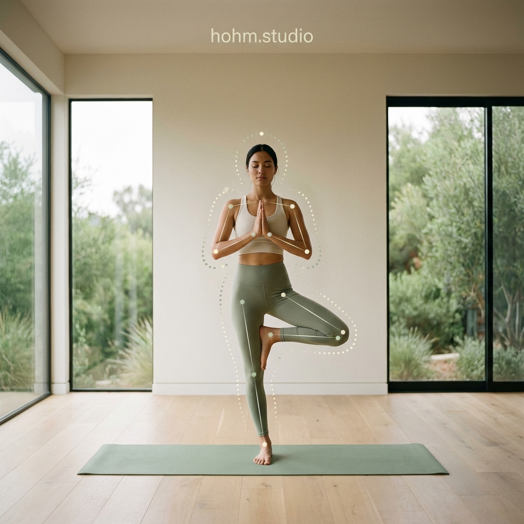 Person practicing yoga and maintaining perfect posture at home with AI guidance